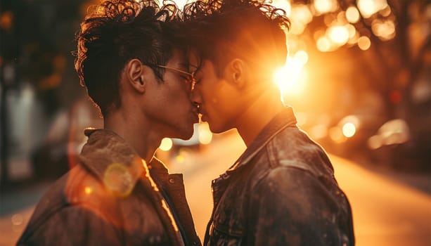 Homosexual couple at a romantic date outdoors Multi-ethnic gay couple in love flirting and having fun. Proud homosexual couple romantic outdoors