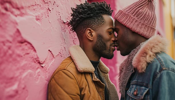 Homosexual couple at a romantic date outdoors Multi-ethnic gay couple in love flirting and having fun. Proud homosexual couple romantic outdoors