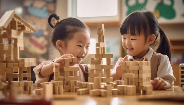 Asian kindergarten. Children boy and girl playing with constructor wooden block building, Happy little kids play wood block stacking, activities learning creative, toys for preschool and kindergarten Chinese