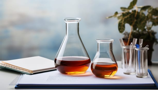 Science research in lab with measuring beaker and notebook in lab. Laboratory Research Scientific Glassware For Chemical Background Copy space