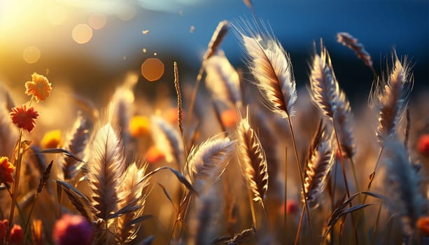 meadow flowers in early sunny fresh morning. Vintage autumn landscape background. colorful beautiful fall flowers magical