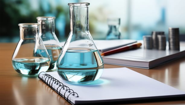 Science research in lab with measuring beaker and notebook in lab. Laboratory Research Scientific Glassware For Chemical Background Copy space