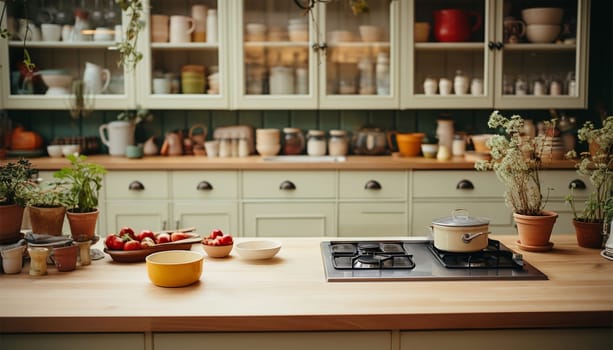Cozy stylish kitchen with household items. Element of cozy house with modern kitchen interior, contemporary wooden furniture, cooking hood over retro gas stove and kitchenware supplies retro