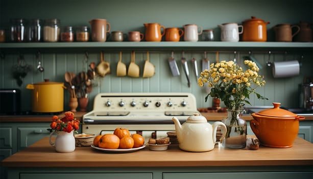 Cozy stylish kitchen with household items. Element of cozy house with modern kitchen interior, contemporary wooden furniture, cooking hood over retro gas stove and kitchenware supplies retro
