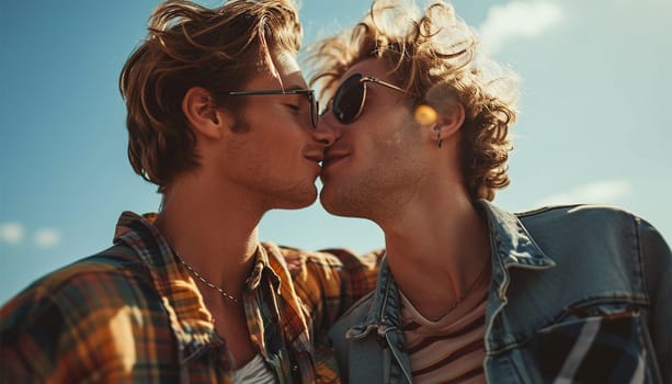Homosexual couple at a romantic date outdoors Multi-ethnic gay couple in love flirting and having fun. Proud homosexual couple romantic outdoors