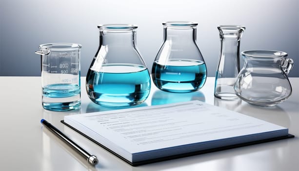 Science research in lab with measuring beaker and notebook in lab. Laboratory Research Scientific Glassware For Chemical Background Copy space