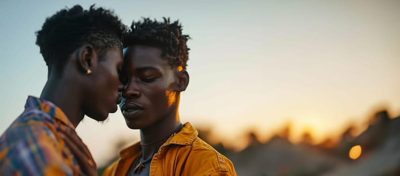 Homosexual couple at a romantic date outdoors Multi-ethnic gay couple in love flirting and having fun. Proud homosexual couple romantic outdoors