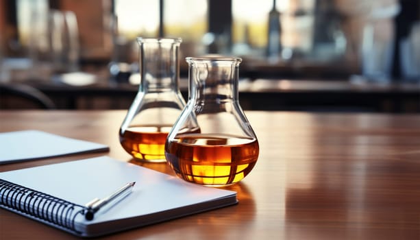 Science research in lab with measuring beaker and notebook in lab. Laboratory Research Scientific Glassware For Chemical Background Copy space