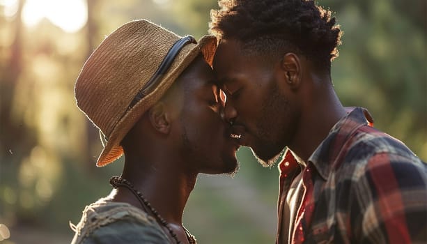 Homosexual couple at a romantic date outdoors Multi-ethnic gay couple in love flirting and having fun. Proud homosexual couple romantic outdoors