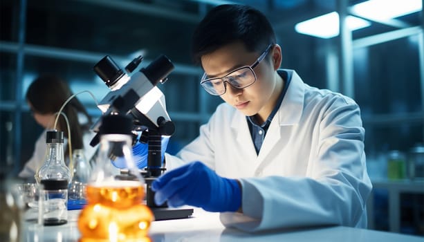 Asian scientist team has researching in the laboratory. Microbiologist or medical worker use test tube. Scientist Asian team in laboratory. Biotechnology research in lab analyzing