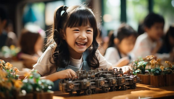 Asian cute children playful with toys education on kindergarten students smile when playing toy in playroom at preschool international,education concept. Play