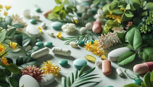 Alternative medicine herbal organic capsule drug with herbs leaf natural supplements for healthy good life. Multivitamins and supplements with green leaves nature background copy space