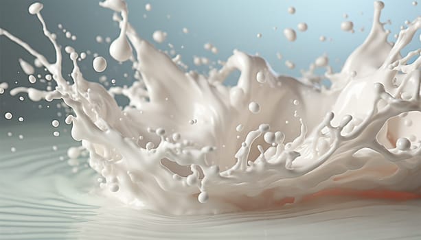 Milk splash isolated on blue grey background. Natural dairy product, yogurt or cream in crown splash with flying drops. Realistic illustration close up, Copy space close up