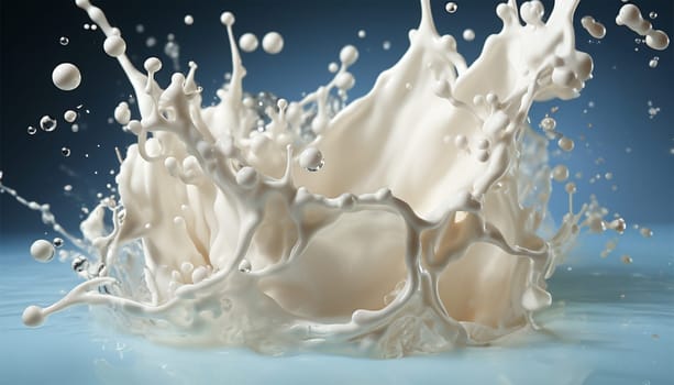 Milk splash isolated on blue grey background. Natural dairy product, yogurt or cream in crown splash with flying drops. Realistic illustration close up, Copy space close up