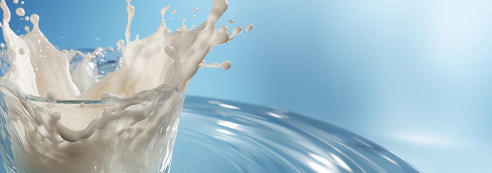 Milk splash isolated on blue grey background. Natural dairy product, yogurt or cream in crown splash with flying drops. Realistic illustration close up, Copy space close up