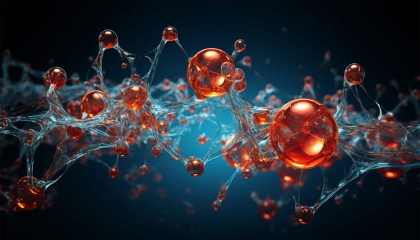 water molecule model, Science or medical background, 3d illustration. Cosmetic essence, liquid, DNA Dark blue background. Microbiology Red and blue