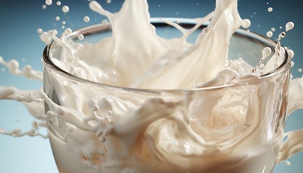 Milk splash isolated on blue grey background. Natural dairy product, yogurt or cream in crown splash with flying drops. Realistic illustration close up, Copy space close up