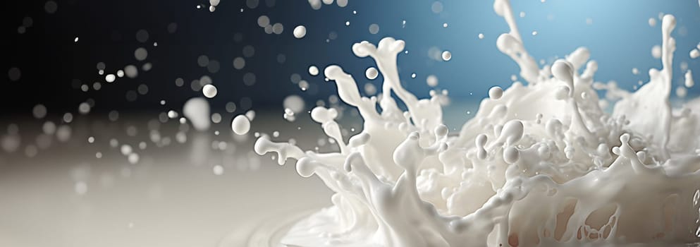 Milk splash isolated on blue grey background. Natural dairy product, yogurt or cream in crown splash with flying drops. Realistic illustration close up, Copy space close up