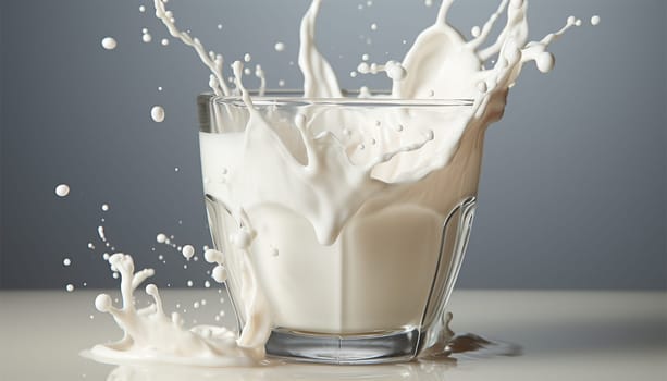 Milk splash isolated on blue grey background. Natural dairy product, yogurt or cream in crown splash with flying drops. Realistic illustration close up, Copy space close up