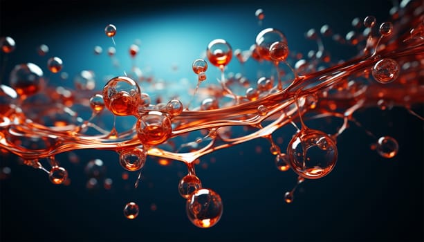 water molecule model, Science or medical background, 3d illustration. Cosmetic essence, liquid, DNA Dark blue background. Microbiology Red and blue