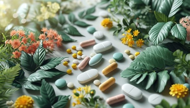Alternative medicine herbal organic capsule drug with herbs leaf natural supplements for healthy good life. Multivitamins and supplements with green leaves nature background copy space