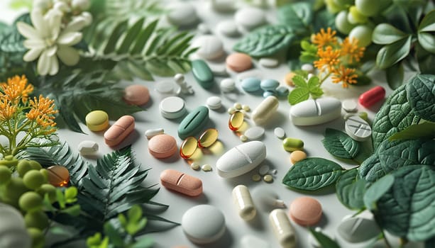Alternative medicine herbal organic capsule drug with herbs leaf natural supplements for healthy good life. Multivitamins and supplements with green leaves nature background copy space