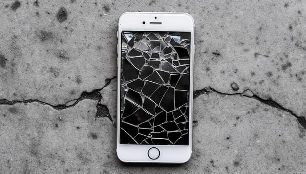 Smartphone with broken screen. Cracked glass. Mobile cellphone with broken glass. Smartphone falling down on the ground and broke touchscreen with beauty blue backlight and dark background copy space. Broken display screen after drop. Top view