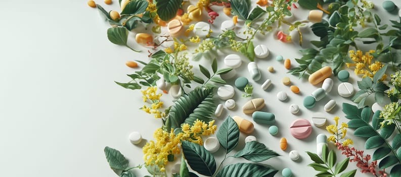 Alternative medicine herbal organic capsule drug with herbs leaf natural supplements for healthy good life. Multivitamins and supplements with green leaves nature background copy space