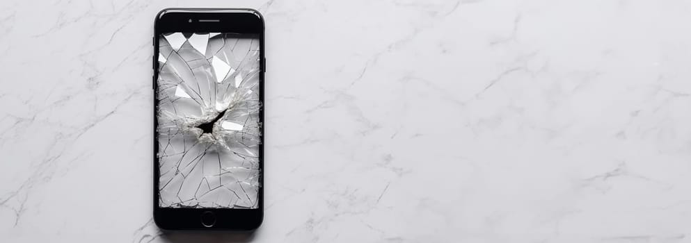 Smartphone with broken screen. Cracked glass. Mobile cellphone with broken glass. Smartphone falling down on the ground and broke touchscreen with beauty blue backlight and dark background copy space. Broken display screen after drop. Top view
