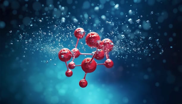 water molecule model, Science or medical background, 3d illustration. Cosmetic essence, liquid, DNA Dark blue background. Microbiology Red and blue