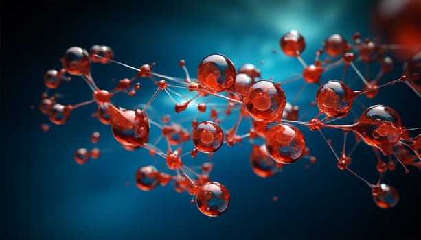 water molecule model, Science or medical background, 3d illustration. Cosmetic essence, liquid, DNA Dark blue background. Microbiology Red and blue