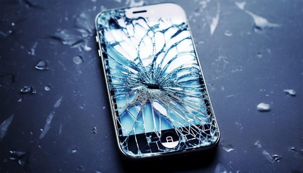 Smartphone with broken screen. Cracked glass. Mobile cellphone with broken glass. Smartphone falling down on the ground and broke touchscreen with beauty blue backlight and dark background copy space. Broken display screen after drop. Top view