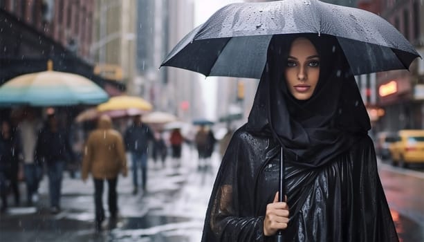 Young stylish Muslim woman in hijab holding umbrella while standing in the rain in urban environment. Arabic woman in big city. Modern Islam woman portrait