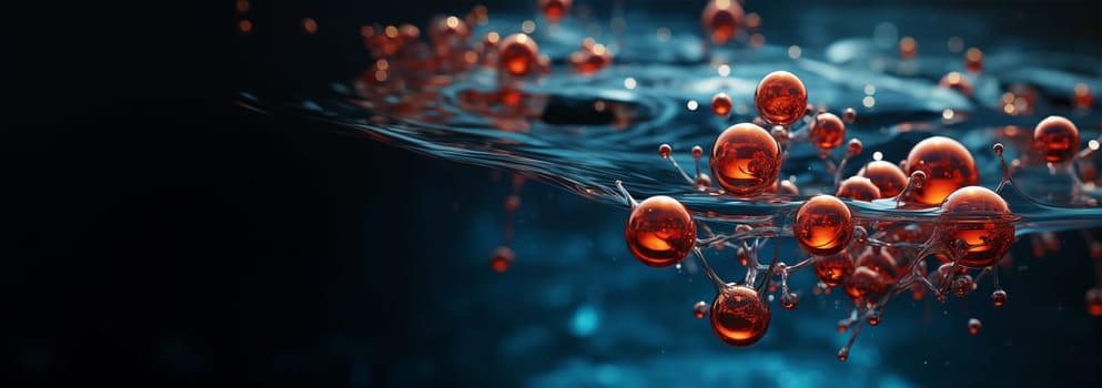 water molecule model, Science or medical background, 3d illustration. Cosmetic essence, liquid, DNA Dark blue background. Microbiology Red and blue