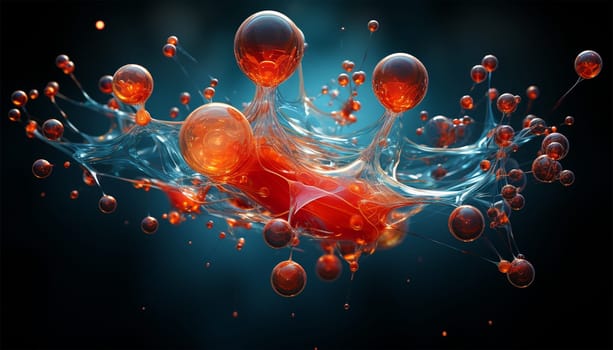 water molecule model, Science or medical background, 3d illustration. Cosmetic essence, liquid, DNA Dark blue background. Microbiology Red and blue