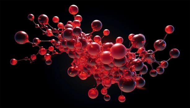 water molecule model, Science or medical background, 3d illustration. Cosmetic essence, liquid, DNA Dark blue background. Microbiology Red and blue