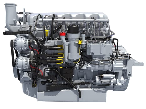 Truck engine 3D rendering model on white background