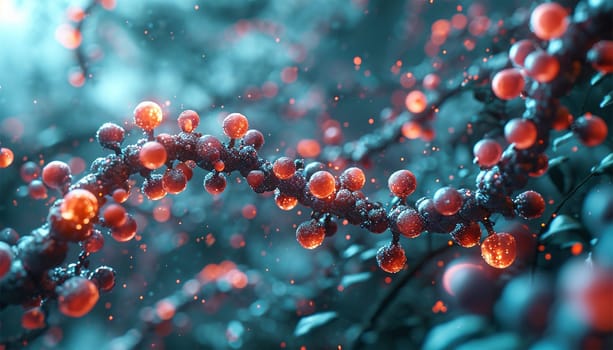 water molecule model, Science or medical background, 3d illustration. Cosmetic essence, liquid, DNA Dark blue background. Microbiology Red and blue