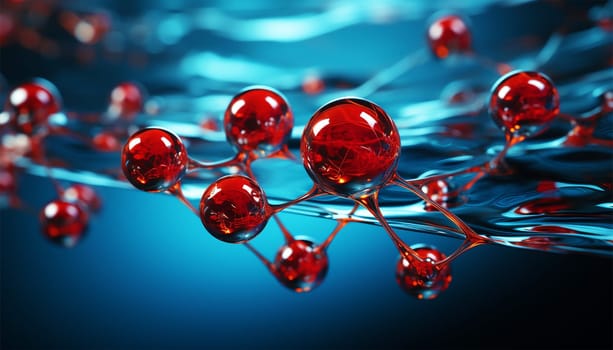 water molecule model, Science or medical background, 3d illustration. Cosmetic essence, liquid, DNA Dark blue background. Microbiology Red and blue