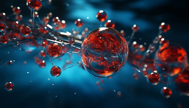 water molecule model, Science or medical background, 3d illustration. Cosmetic essence, liquid, DNA Dark blue background. Microbiology Red and blue