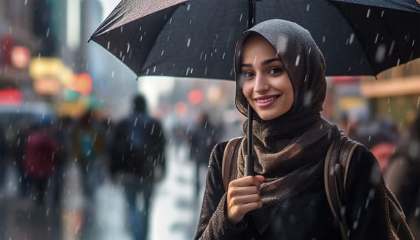 Young stylish Muslim woman in hijab holding umbrella while standing in the rain in urban environment. Arabic woman in big city. Modern Islam woman portrait