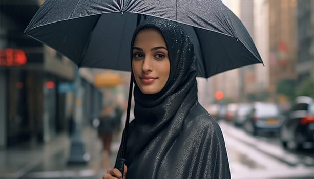 Young stylish Muslim woman in hijab holding umbrella while standing in the rain in urban environment. Arabic woman in big city. Modern Islam woman portrait