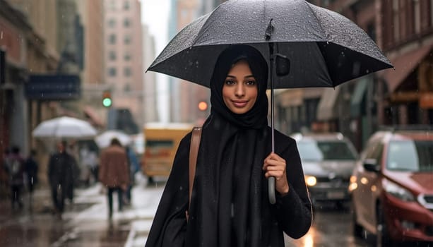 Young stylish Muslim woman in hijab holding umbrella while standing in the rain in urban environment. Arabic woman in big city. Modern Islam woman portrait