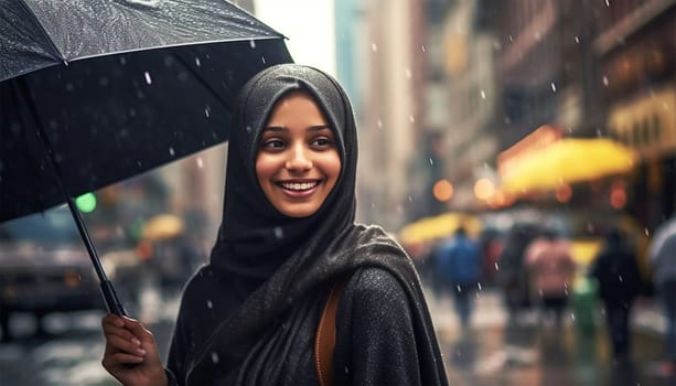 Young stylish Muslim woman in hijab holding umbrella while standing in the rain in urban environment. Arabic woman in big city. Modern Islam woman portrait
