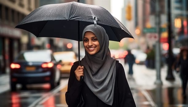 Young stylish Muslim woman in hijab holding umbrella while standing in the rain in urban environment. Arabic woman in big city. Modern Islam woman portrait