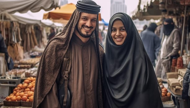 Happy Muslim couple having fun together on street market, food market in Islam country. Wearing Hijab traditional clothes Arabic Love