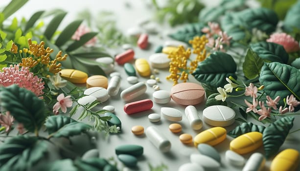 Alternative medicine herbal organic capsule drug with herbs leaf natural supplements for healthy good life. Multivitamins and supplements with green leaves nature background copy space