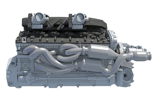 V12 Car Engine 3D rendering model on white background