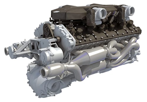 V12 Car Engine 3D rendering model on white background