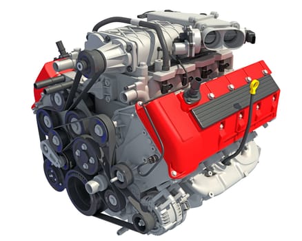 V8 Car Engine 3D rendering model on white background